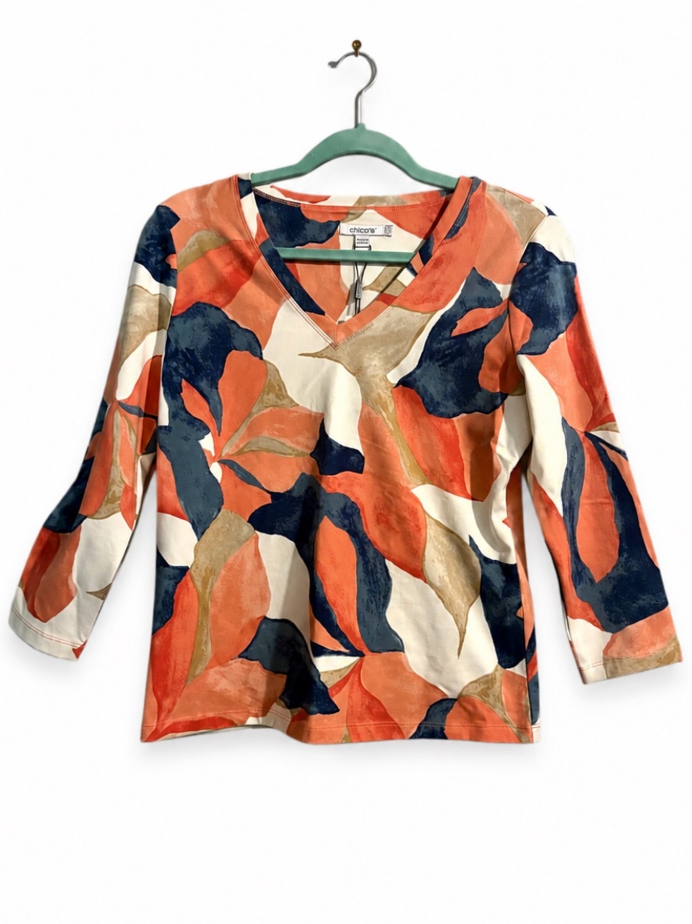 Chico's Coral Navy Cream Floral-Abstract V-Neck 3/4 Sleeve Top